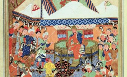 Bajazyt wzięty do niewoli w bitwie pod Ankarą pada na twarz przed Timurem, miniatura perska, XVI w.