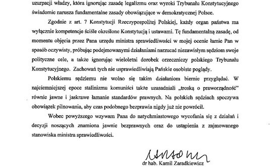 Otwarty list sędziego Sądu Najwyższego Kamila Zaradkiewicza skierowany do ministra sprawiedliwości A
