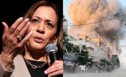 Na zdjęciach: Eksplozja w Strefie Gazy po ataku Izraela oraz wiceprezydent USA Kamala Harris