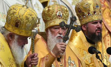 Patriarcha Filaret (w środku) podczas uroczystości z okazji 1030. rocznicy chrztu Rusi Kijowskiej, 2