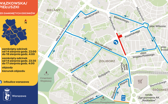 Mapa objazdów zamkniętego odcinka Powązkowskiej i Popiełuszki