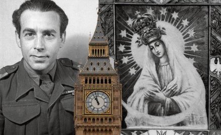 Piotr Sawicki senior w mundurze Armii Andersa z obrazem Matki Boskiej namalowanym w Tatiszczewie.