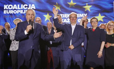 Politycy Koalicji Europejskiej podczas wieczoru wyborczego po wyborach do europarlamentu