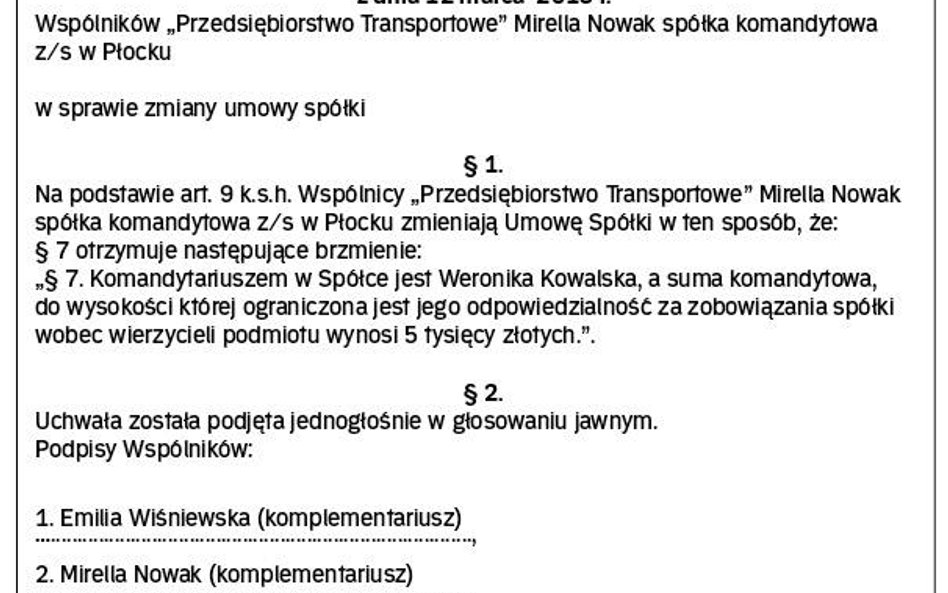 Wzór uchwały w/s zmiany umowy spółki