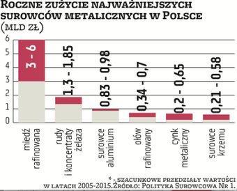 Spośród surowców metalicznych najwięcej krajowa gospodarka zużywa miedzi rafinowanej. Jej roczna kon
