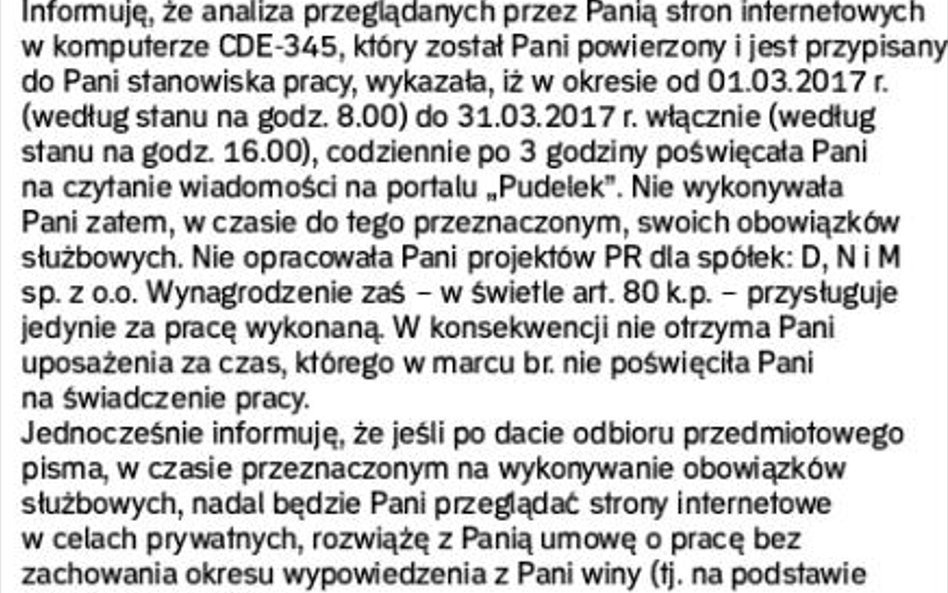 Pismo informujące o redukcji wynagrodzenia