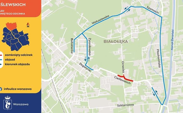 Mapa objazdów na Białołęce