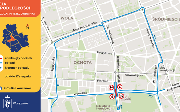 Mapa objazdów w Alei Niepodległości