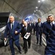 Wicepremier Jarosław Kaczyński (2L), europoseł Joachim Brudziński (L), rzecznik PiS Rafał Bochenek (