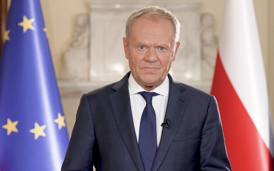 Kadr z wystąpienia premiera Donalda Tuska, podczas którego szef rządu zapowiedział budowę Muru Pamię