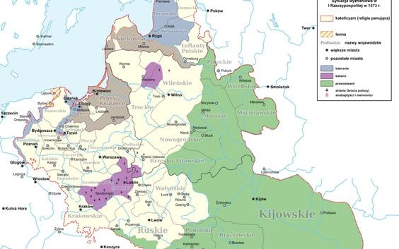Sytuacja wyznaniowa w I Rzeczypospolitej ok. 1573 r. – na mapie oznaczono także zasięg kalwinizmu