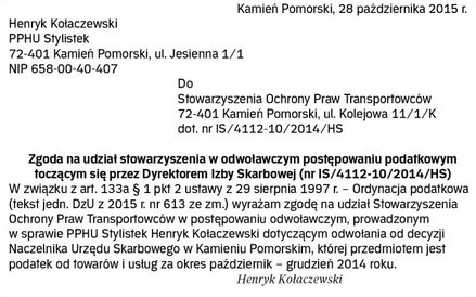 WZÓR zgody podatnika na udział organizacji społecznej w postępowaniu podatkowym
