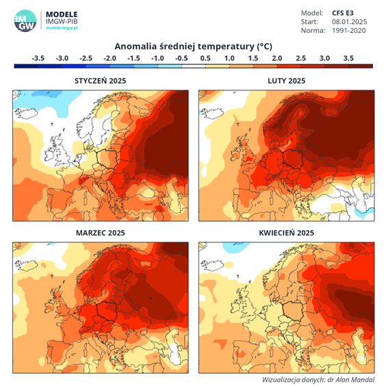 Anomalia średniej temperatury w miesiącach styczeń-kwiecień 2025 r.