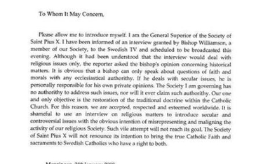 Bractwo Piusa X zdecydowanie odcięło się od wypowiedzi Williamsona. Zobacz list przełożonego Bractwa
