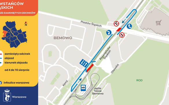 Mapa objazdów na Bemowie