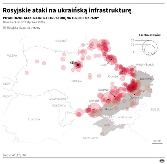 Rosyjskie ataki na infrastrukturę na Ukrainie (1-23 stycznia 2026 roku)