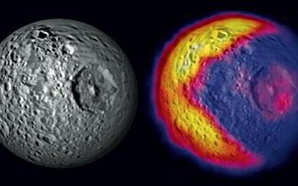 Mimas w świetle widzialnym i wynik pomiaru temperatury na jego powierzchni