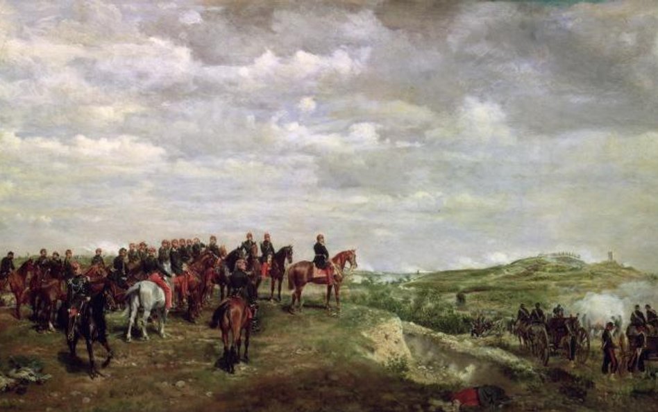 Cesarz Francuzów Napoleon III ze sztabem na polu bitwy pod Solferino, mal. Jean Louis Meissonier, 18