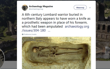 Włochy: Szkielet sprzed 1500 lat. Zamiast przedramienia miał nóż