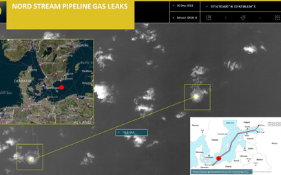 Zdjęcie satelitarne pokazujące miejsca wycieków z gazociągu Nord Stream 2