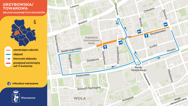 W związku z remontem torowiska na skrzyżowaniu Grzybowskiej z Towarową pasażerowie muszą przygotować