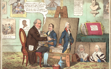 XVIII-wieczna karykatura angielska przedstawiająca malarza pytającego się, czyj portret chcielibyśmy