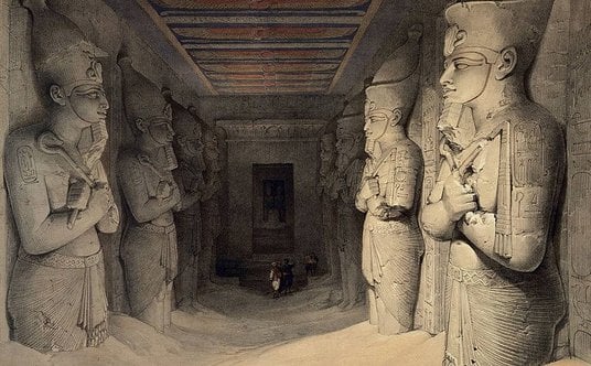 Posągi wewnątrz świątyni Abu Simbel. Litografia kolorowa autorstwa Louisa Haghe według Davida Robert