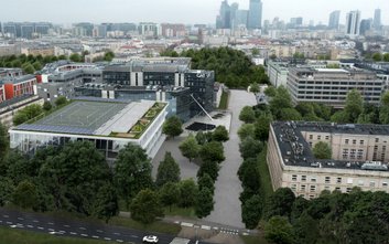 Wizualizacja inwestycji z lotu ptaka - widok od strony południowej w kierunku kampusu