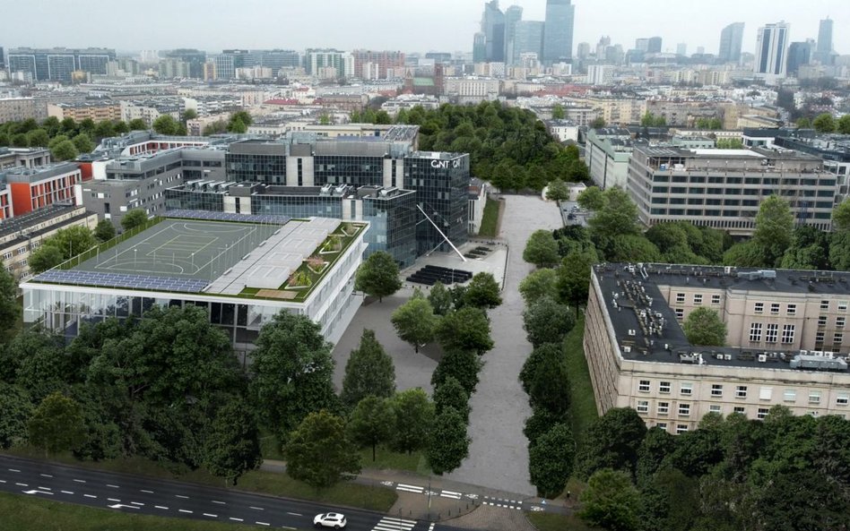 Wizualizacja inwestycji z lotu ptaka - widok od strony południowej w kierunku kampusu