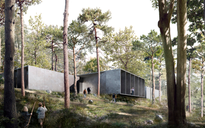 Naziemne pawilony muzeum będą skrywać się w lesie – to nawiązanie do wojskowej funkcji dawnego bunkr
