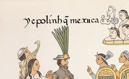 Rycina upamiętniająca moment poddania się Azteków Hiszpanom. Za siedzącym na tronie Cortésem stoi  j