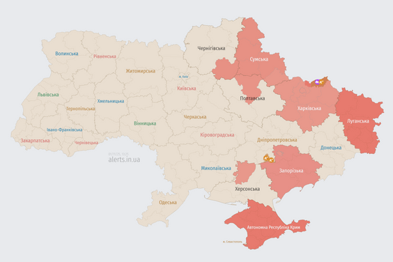 Mapa zagrożeń ze strony alerts.in.ua, stan na godzinę 12:25 czasu polskiego 1 listopada 2025 r.