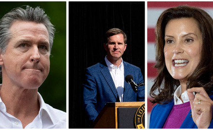 Gavin Newsom, gubernator Kalifornii (z lewej), Andy Beshear, gubernator Kentucky, i Gretchen Whitmer