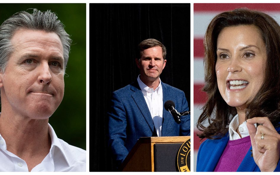 Gavin Newsom, gubernator Kalifornii (z lewej), Andy Beshear, gubernator Kentucky, i Gretchen Whitmer