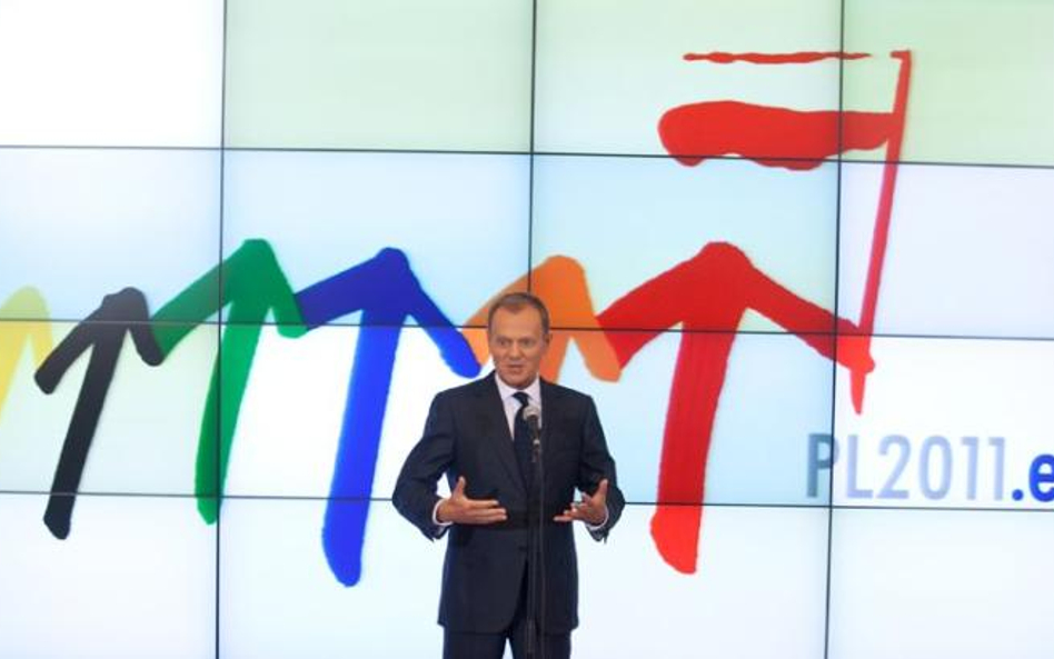 Premier Donald Tusk podczas prezentacji logo polskiej prezydencjiw UE