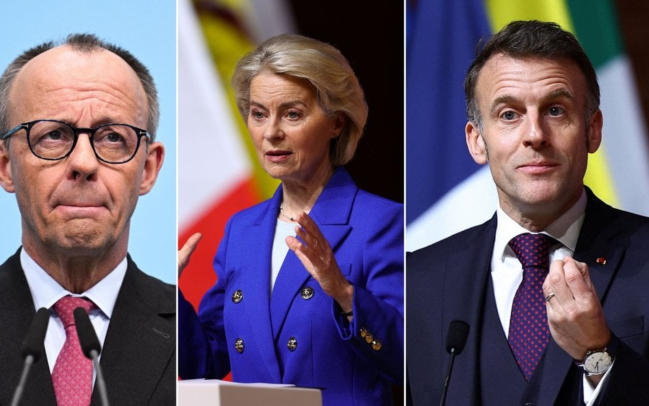 Friedrich Merz, Ursula von der Leyen i Emmanuel Macron