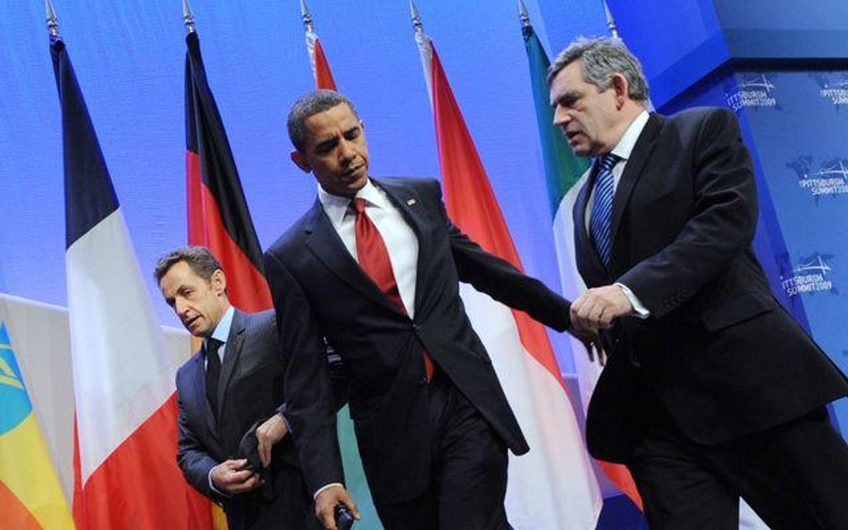 Nicolas Sarkozy, Barack Obama i Gordon Brown podczas konferencji w Pittsburghu