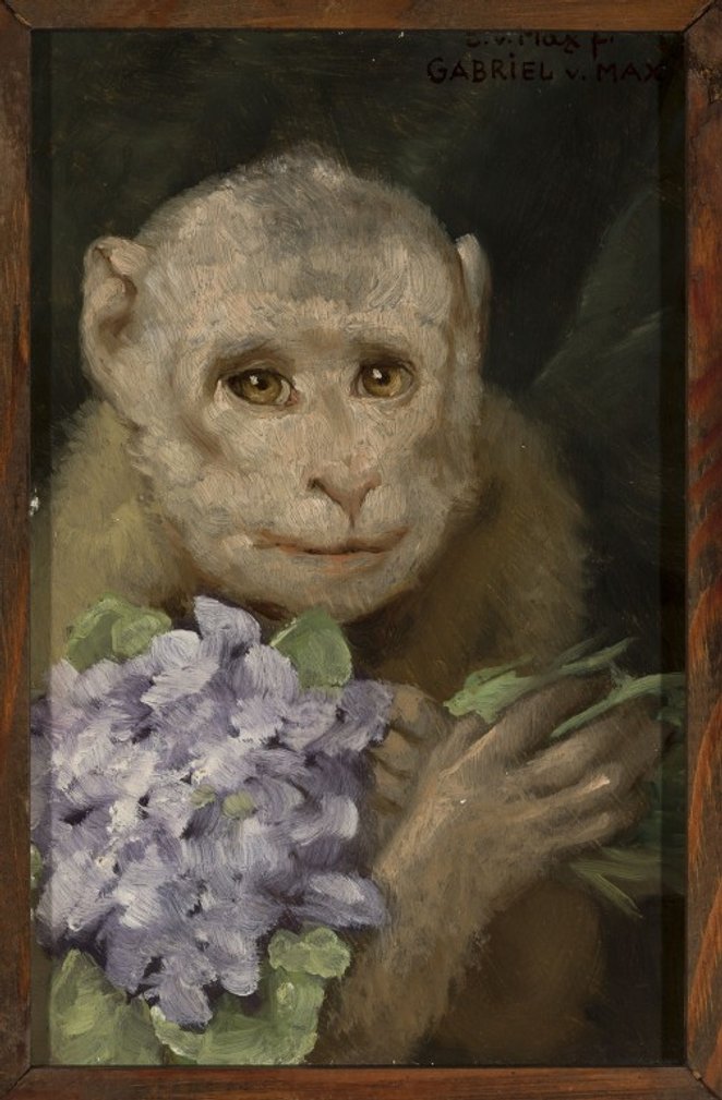 Gabriel Max "Małpa z bukiecikiem fiołków"