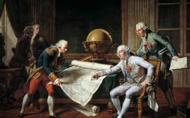 La Perouse i Ludwik XVI omawiają trasę wyprawy. Obraz Nicolas-Andre Monsiau z 1877