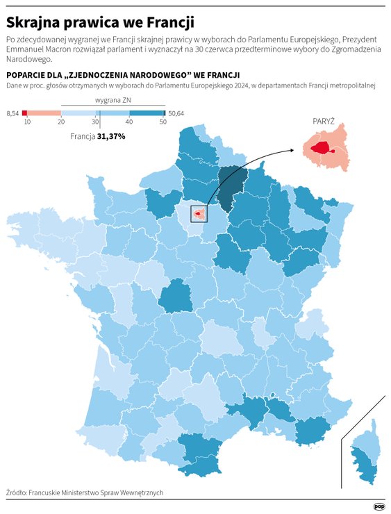 Mapa poparcia dla Zjednoczenia Narodowego we Francji