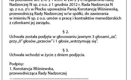 Wzór uchwały Rady Nadzorczej