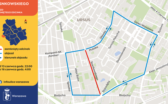 Mapa objazdów w Ursusie