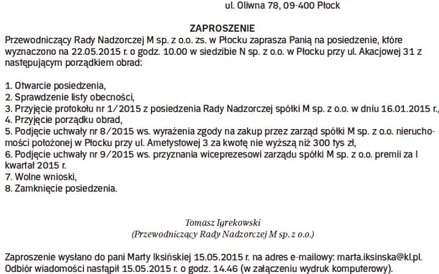 Wzór zaproszenia na posiedzenie rady nadzorczej