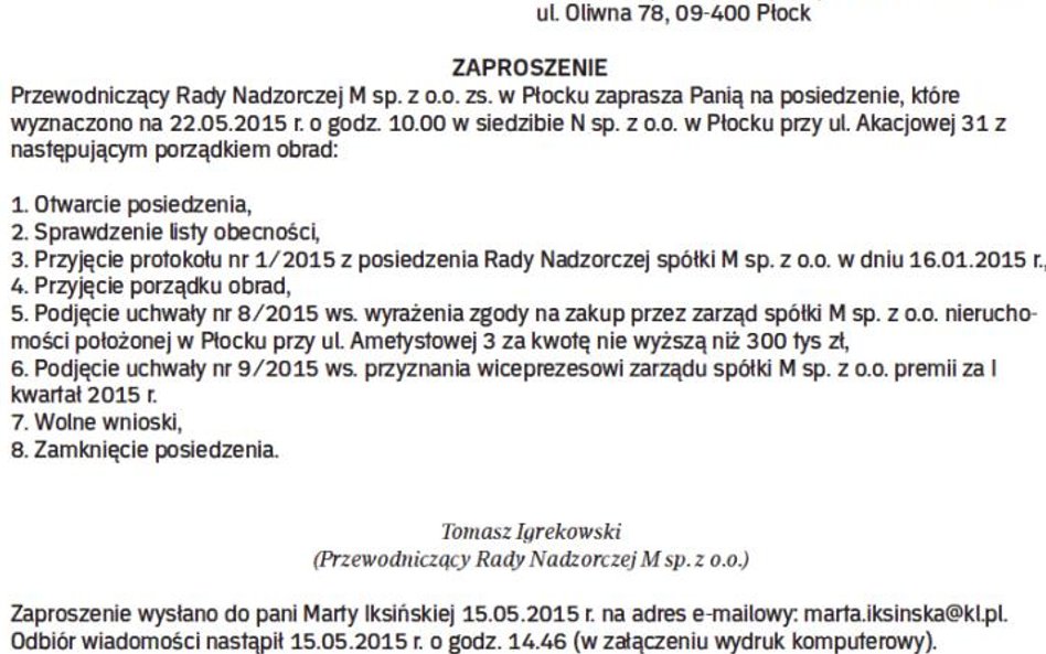 Wzór zaproszenia na posiedzenie rady nadzorczej