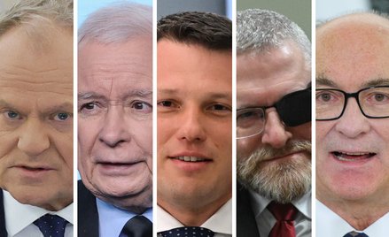 Premier RP, przewodniczący KO Donald Tusk, prezes PiS Jarosław Kaczyński, prezes Nowej Nadziei Sławo