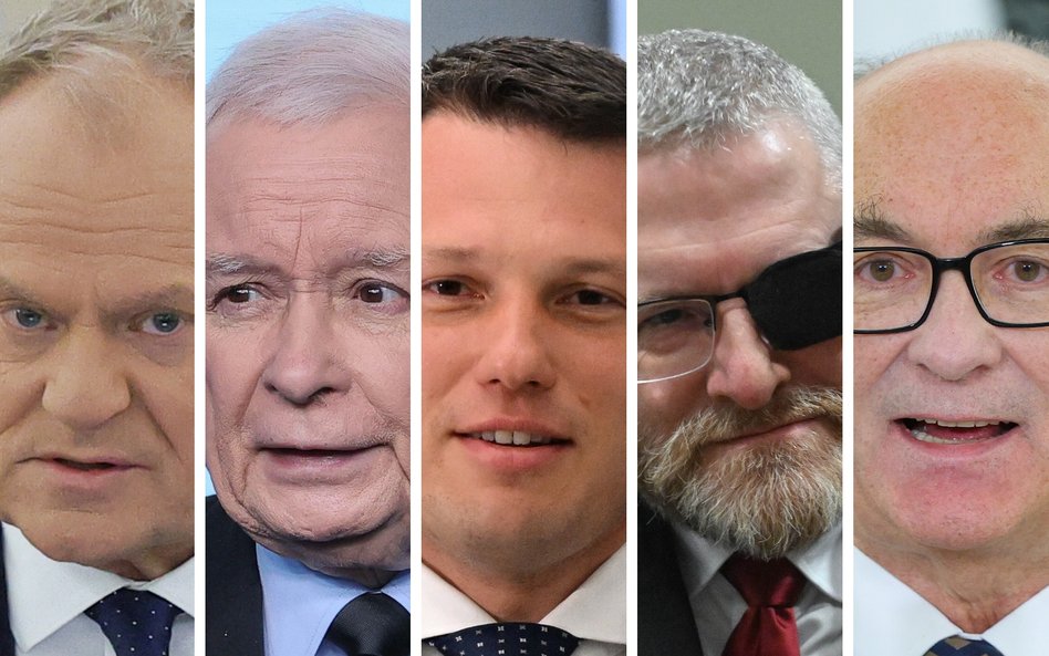 Premier RP, przewodniczący KO Donald Tusk, prezes PiS Jarosław Kaczyński, prezes Nowej Nadziei Sławo