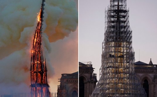 Po lewej zdjęcie z 2019: iglica katedry Notre Dame za chwilę runie. Po prawej – stan obecny.