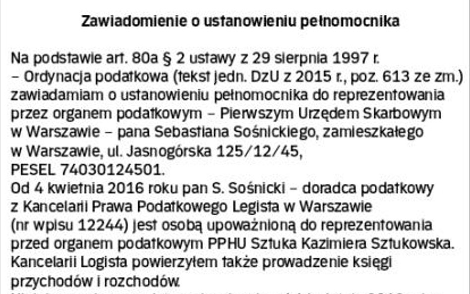 WZÓR informacji o ustanowieniu pełnomocnictwa