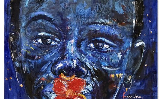"NELSON MAKAMO (B. 1982, MODIMOLLE, LIMPOPO, SOUTH AFRICA), Untitled, from Blue Series; mixed media 