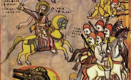 Alegoria bitwy pod Aduą – św. Jerzy pomaga Etiopczykom pokonać Włochów, szkoła etiopska, XX w.